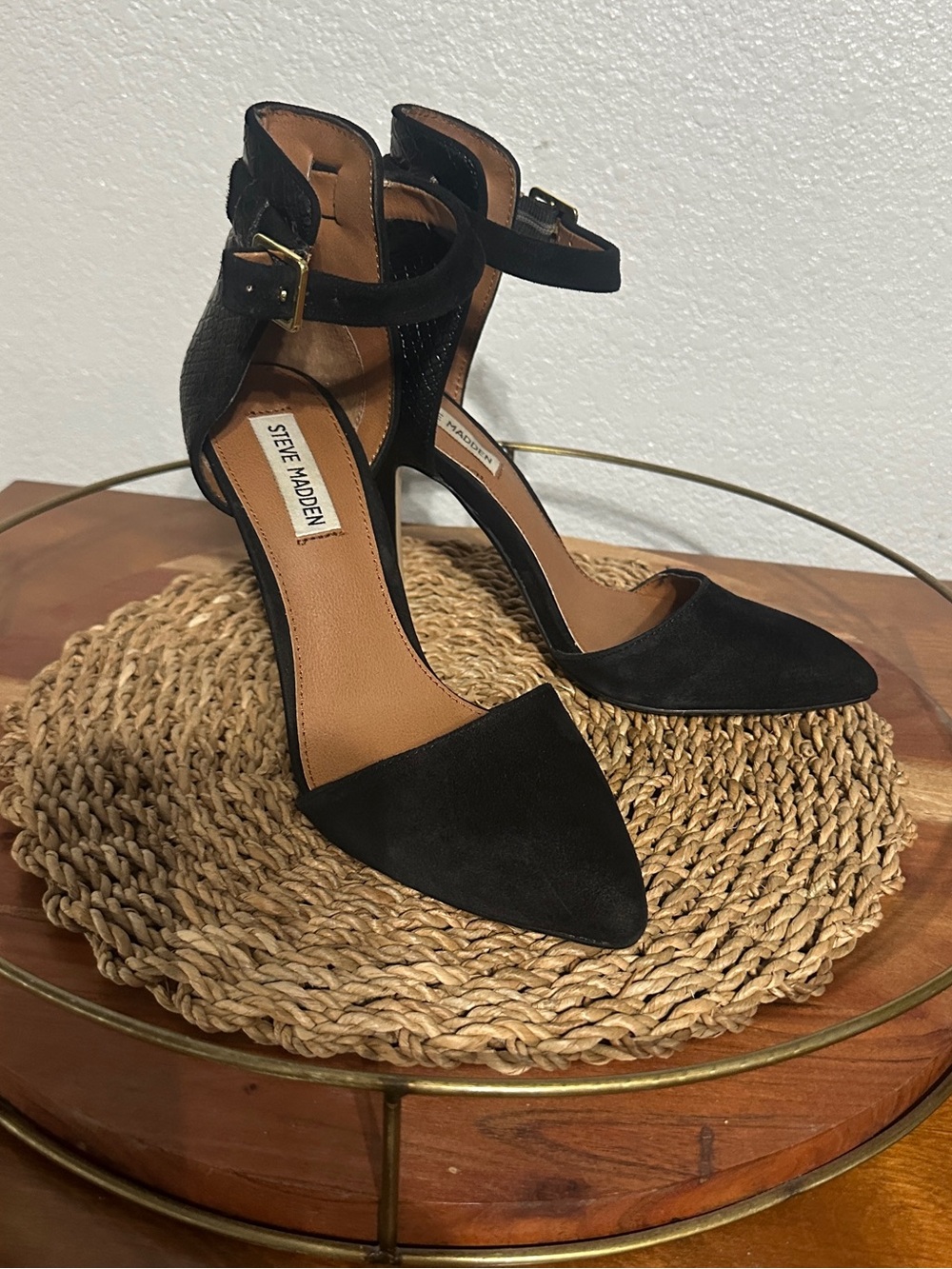 Steve Madden Black Pointed-Toe Ankle-Strap Heels with Gold Buckle, Style StepOut